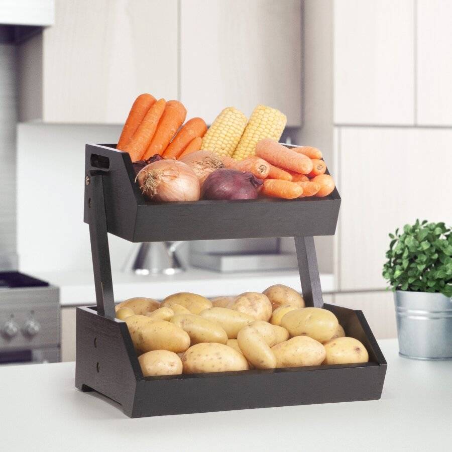 Woodluv Double Basket Storage Display Rack For Kitchen & Home, Black
