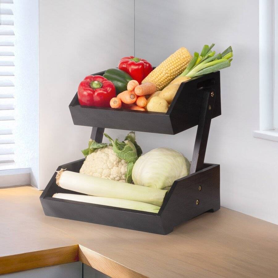 Woodluv Double Basket Storage Display Rack For Kitchen & Home, Black