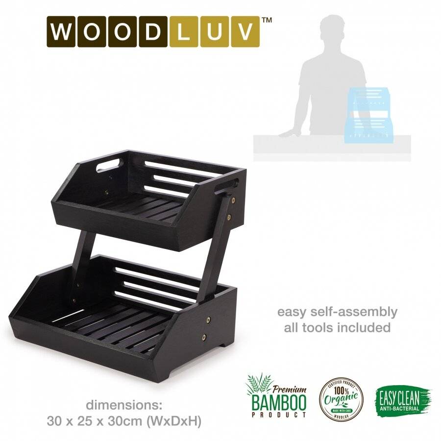 Woodluv Double Basket Storage Display Rack For Kitchen & Home, Black