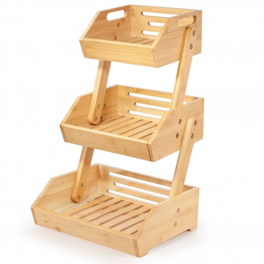 Woodluv Double Basket Storage Display Rack For Kitchen & Home, Natural