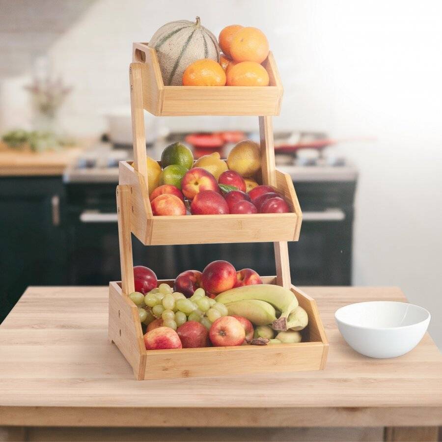 Woodluv Double Basket Storage Display Rack For Kitchen & Home, Natural