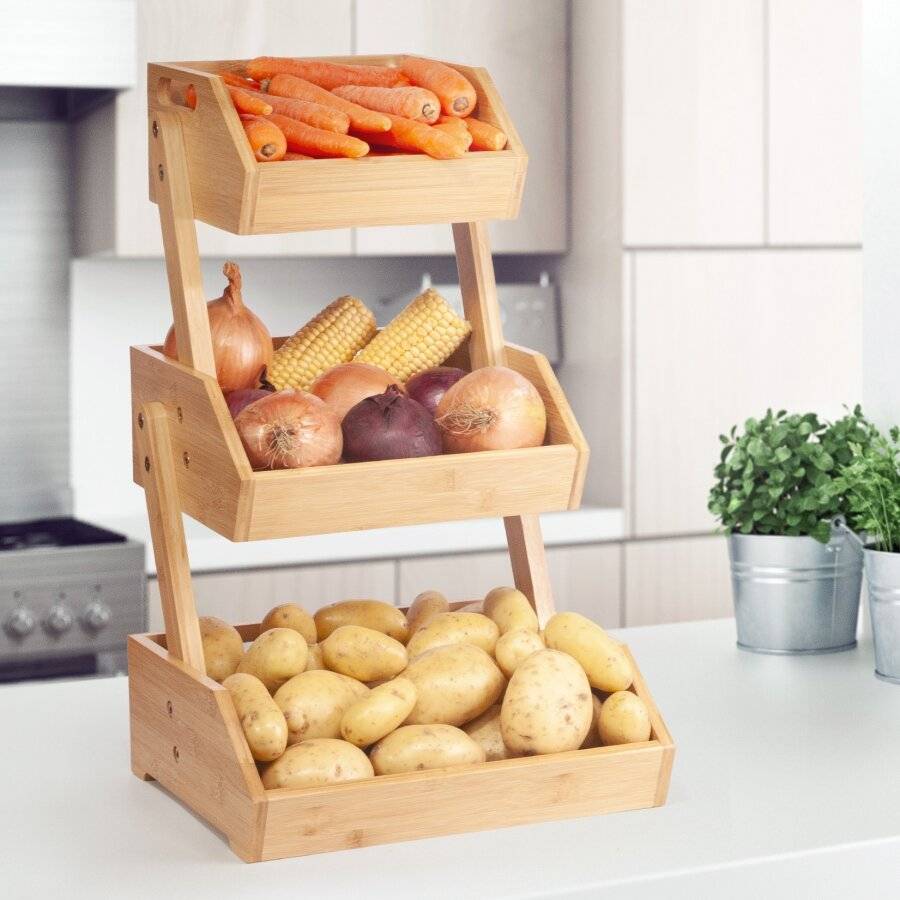 Woodluv Double Basket Storage Display Rack For Kitchen & Home, Natural