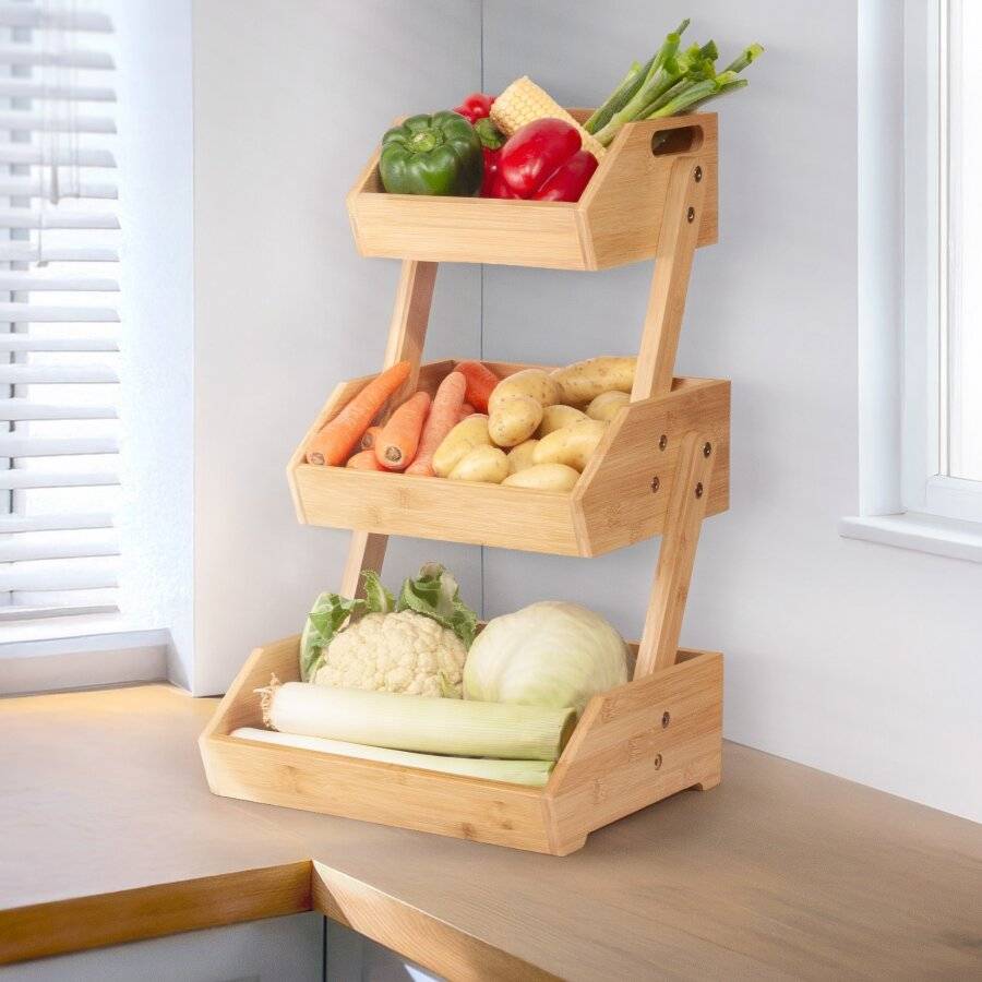 Woodluv Double Basket Storage Display Rack For Kitchen & Home, Natural