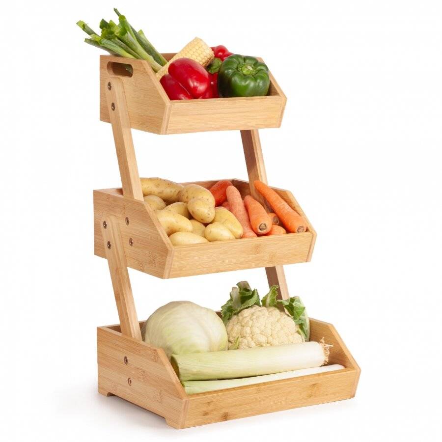 Woodluv Double Basket Storage Display Rack For Kitchen & Home, Natural