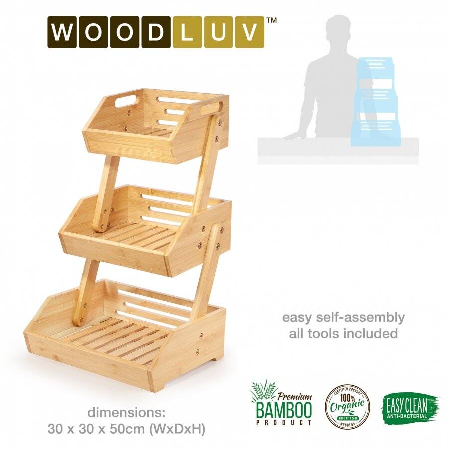 Woodluv Double Basket Storage Display Rack For Kitchen & Home, Natural