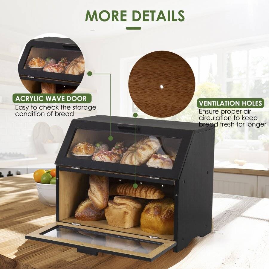 Woodluv Double Decker Multi-Purpose Bamboo Bread Bin with Lid, Black