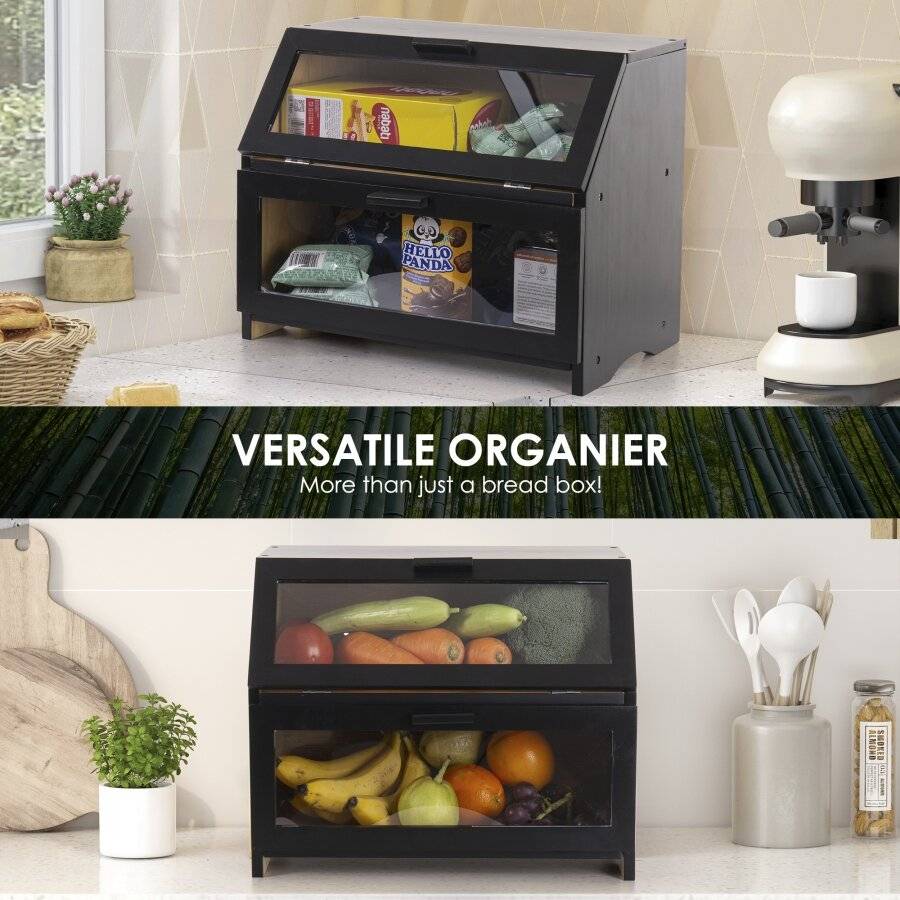 Woodluv Double Decker Multi-Purpose Bamboo Bread Bin with Lid, Black