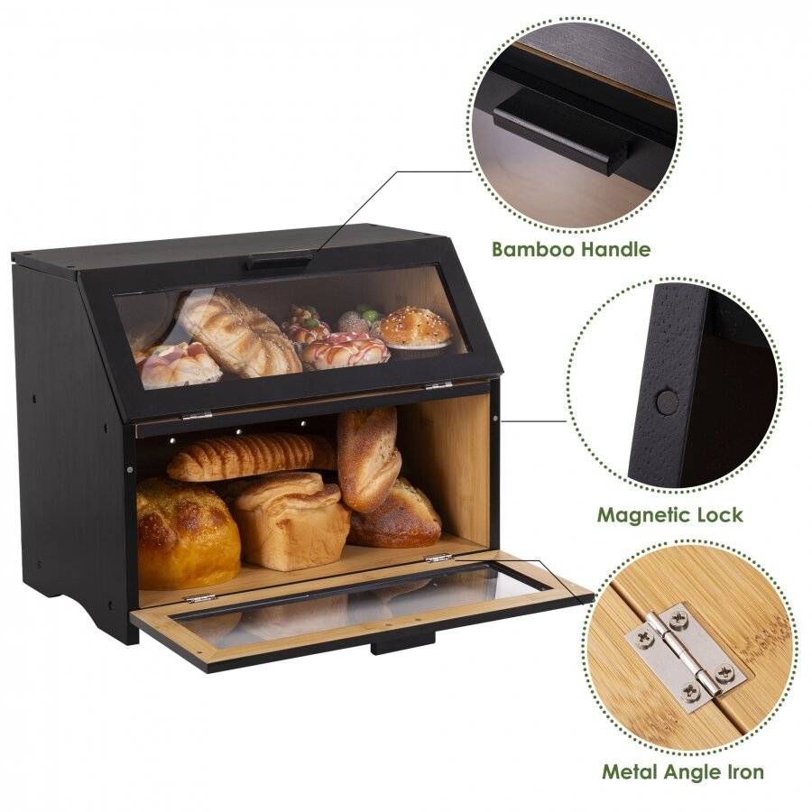 Woodluv Double Decker Multi-Purpose Bamboo Bread Bin with Lid, Black
