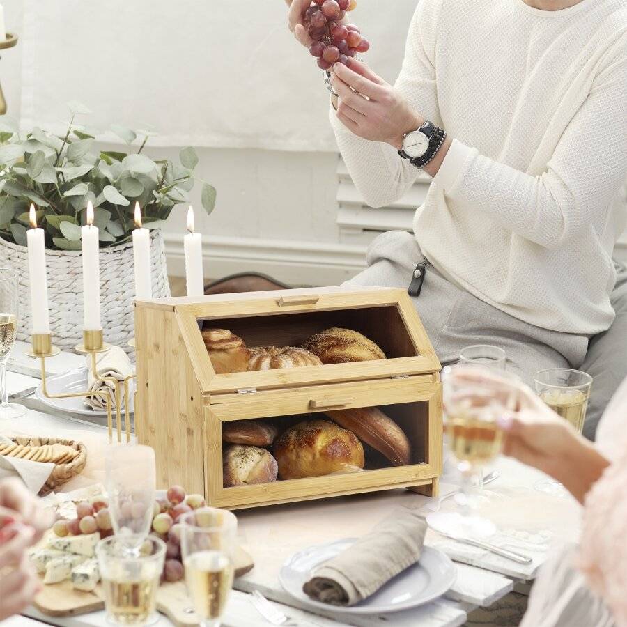 Woodluv Double Decker Multi-Purpose Bamboo Bread Bin with Lid, Natural