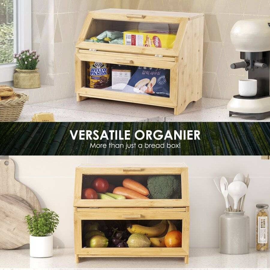 Woodluv Double Decker Multi-Purpose Bamboo Bread Bin with Lid, Natural