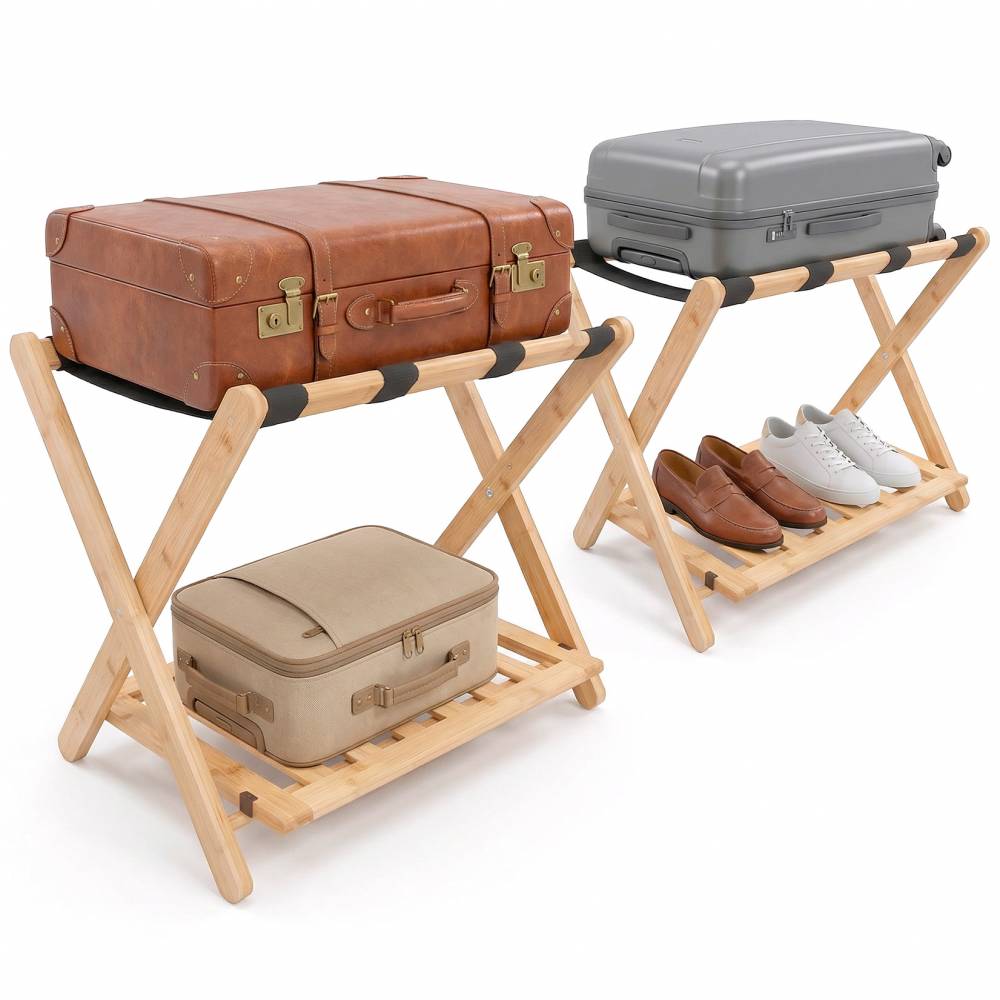 Woodluv Durable Bamboo Wood  Folding Luggage Rack/Suitcase Stand