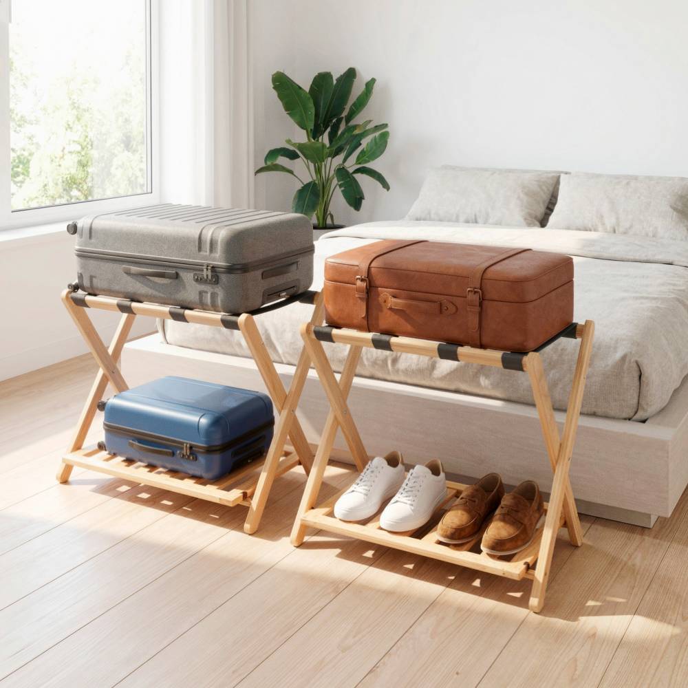 Woodluv Durable Bamboo Wood  Folding Luggage Rack/Suitcase Stand