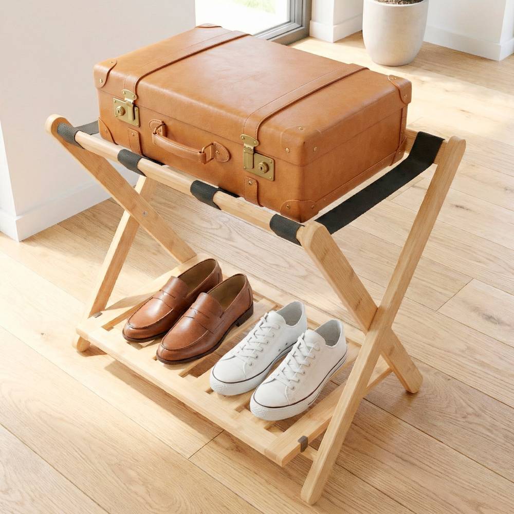 Woodluv Durable Bamboo Wood  Folding Luggage Rack/Suitcase Stand