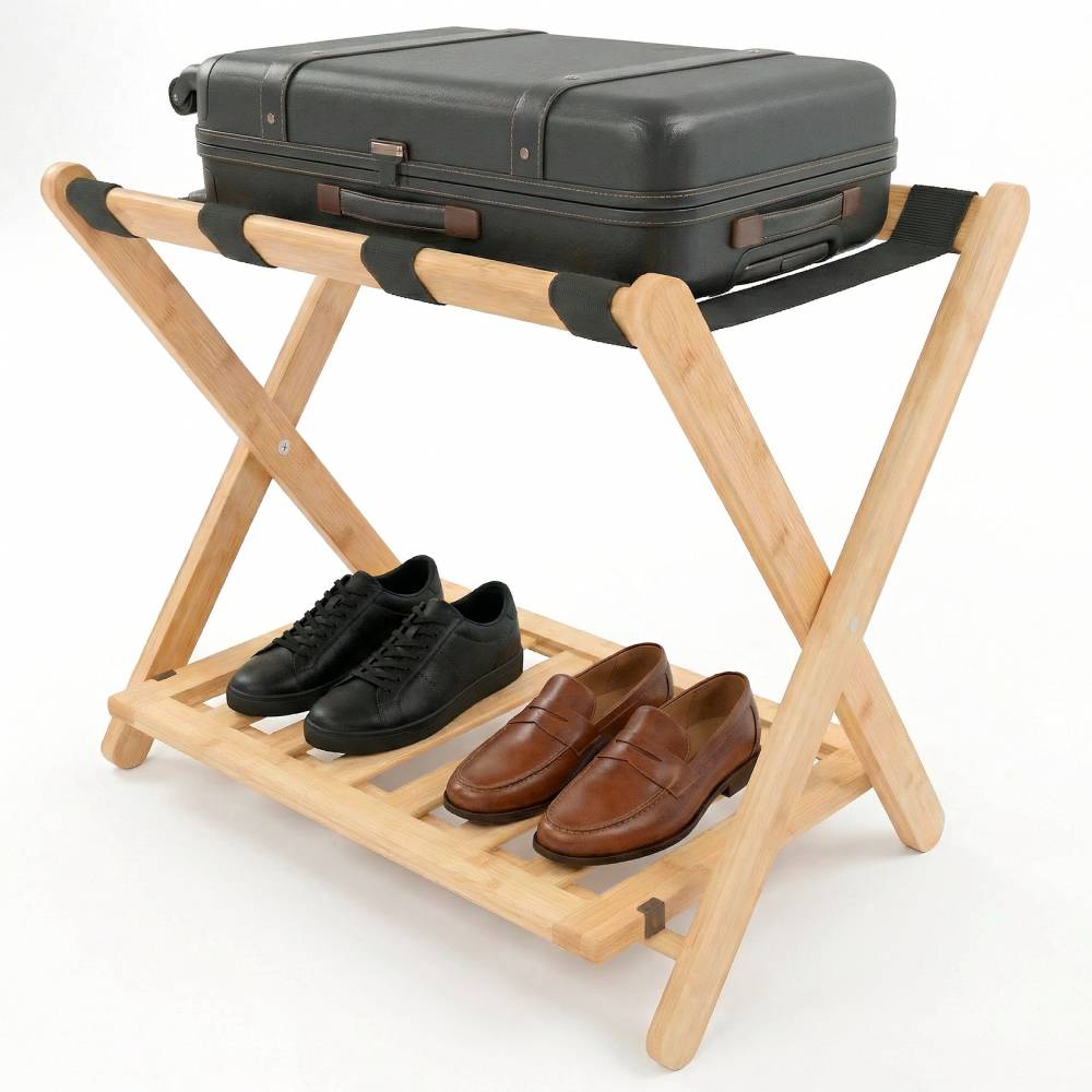 Woodluv Durable Bamboo Wood  Folding Luggage Rack/Suitcase Stand
