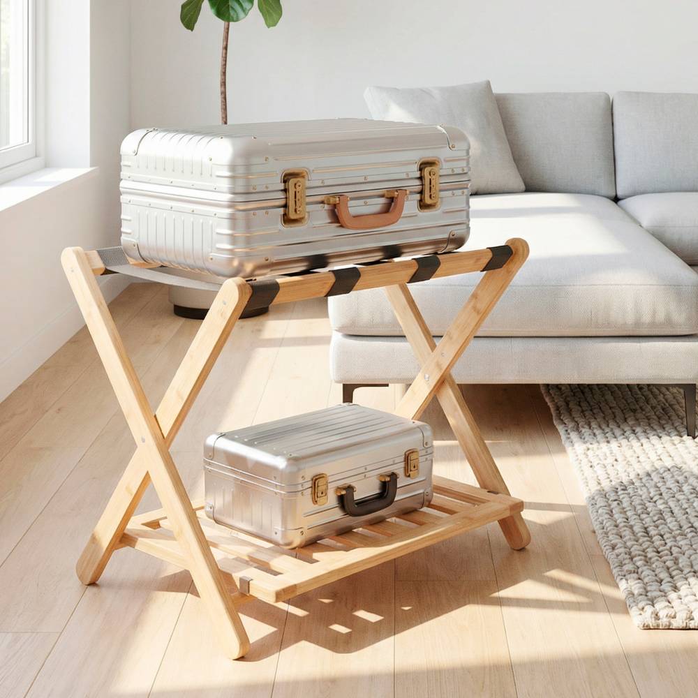 Woodluv Durable Bamboo Wood  Folding Luggage Rack/Suitcase Stand