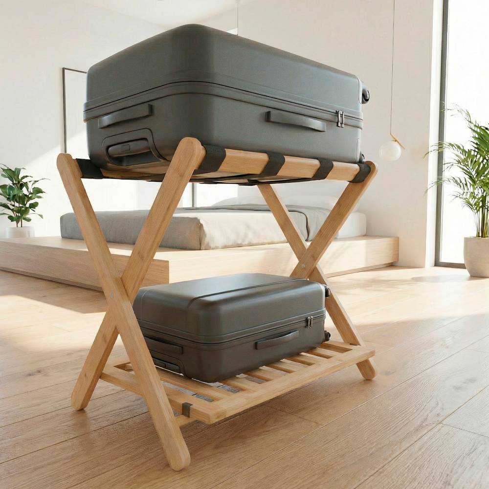 Woodluv Durable Bamboo Wood  Folding Luggage Rack/Suitcase Stand