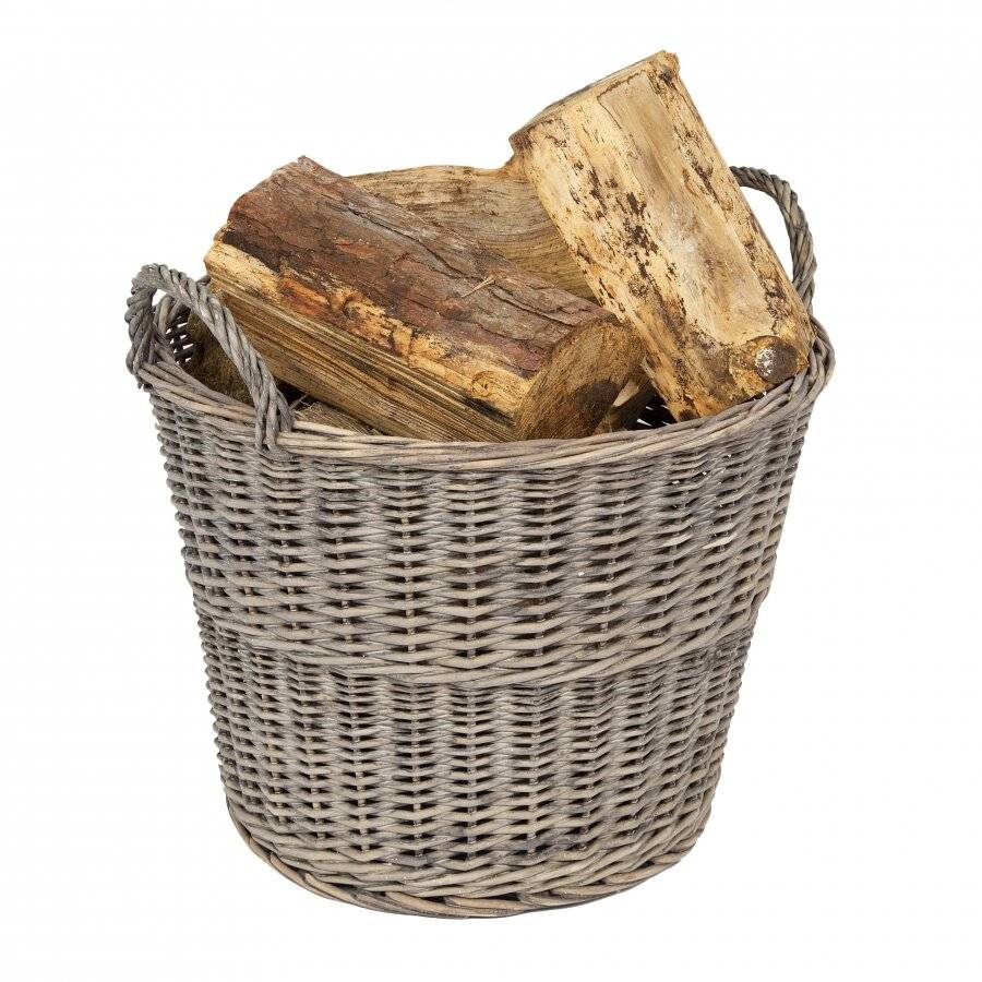 Woodluv Antique Finished, Handmade Round Willow Log Basket - Smoke