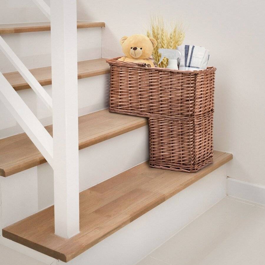 Woodluv Large Woven Stair Basket Organiser With Inset Handle, Natural