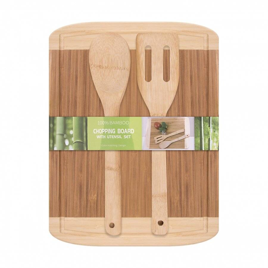 Woodluv XL Butcher Boards With Juice Groove & 2 Cooking Utensils