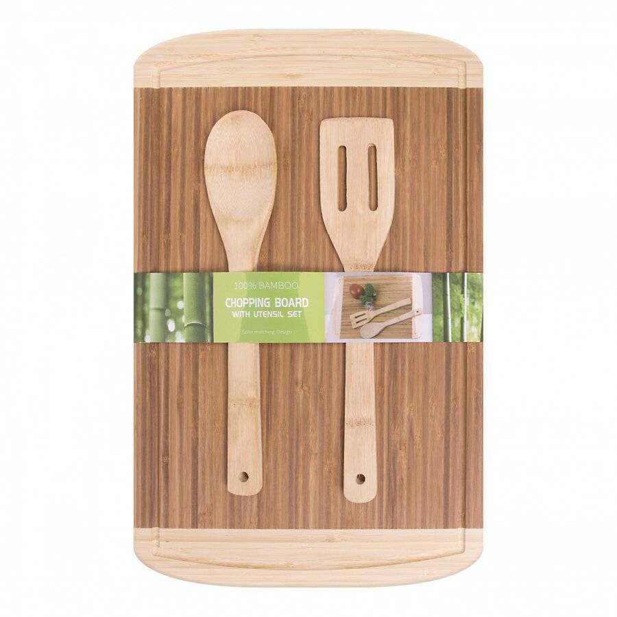 Woodluv XL Chopping Boards With Juice Groove & 2 Cooking Utensils