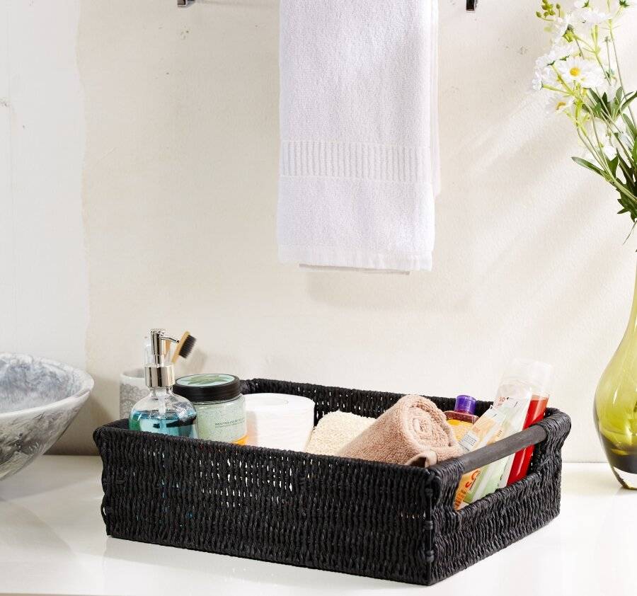 Woodluv Extra Large Paper Rope Hamper Basket With Wooden Handle, Black