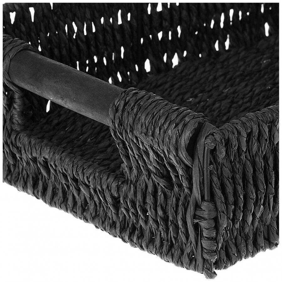 Woodluv Extra Large Paper Rope Hamper Basket With Wooden Handle, Black