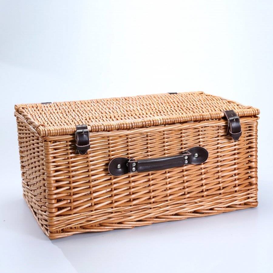 Woodluv XL Wicker Storage Basket With Faux leather Strap - Natural