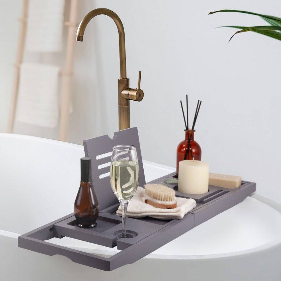 Woodluv Foldable Extendable Bamboo Bathtub Caddy, Dark Grey
