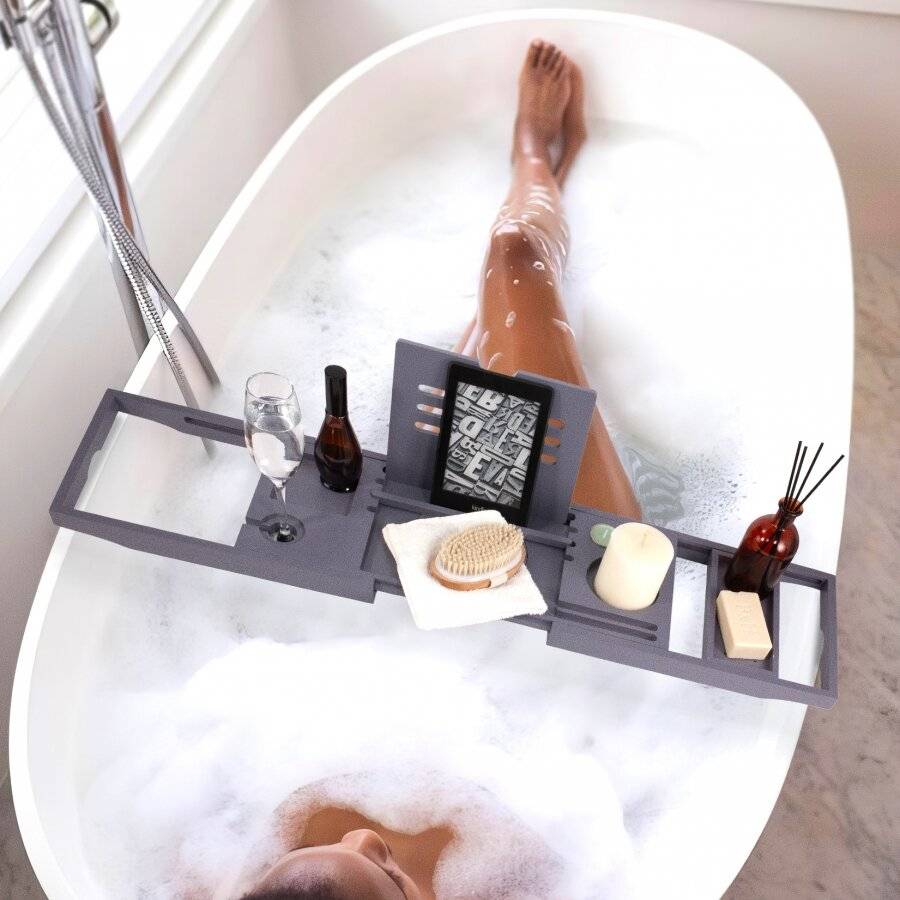 Woodluv Foldable Extendable Bamboo Bathtub Caddy, Dark Grey