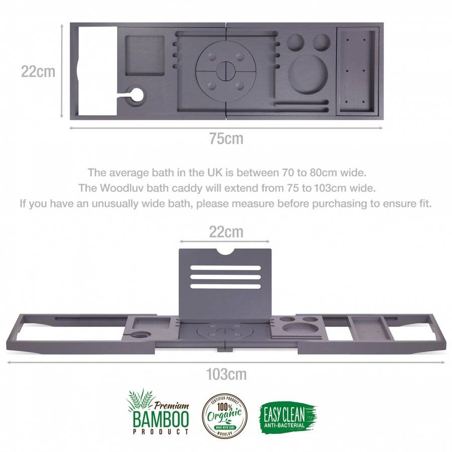 Woodluv Foldable Extendable Bamboo Bathtub Caddy, Dark Grey