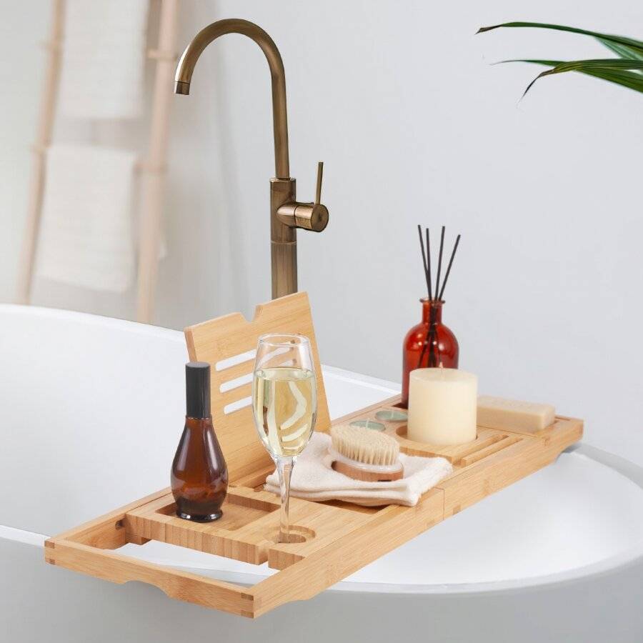 Woodluv Foldable Extendable Bamboo Bathtub Caddy, Natural