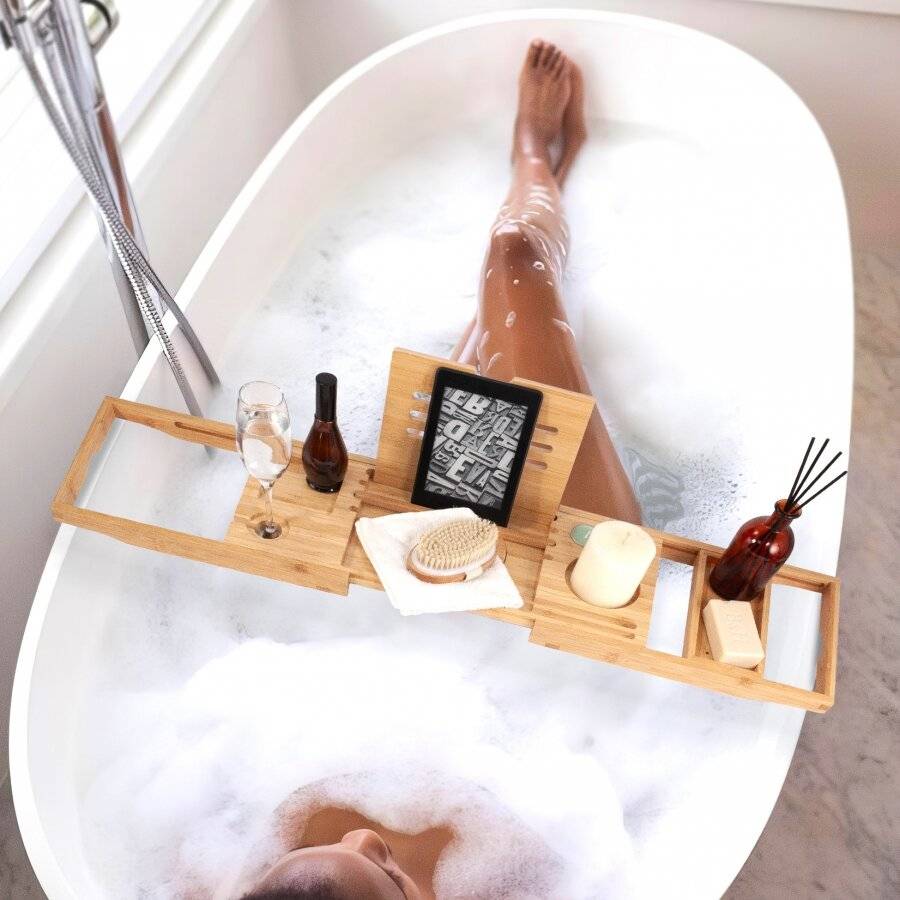 Woodluv Foldable Extendable Bamboo Bathtub Caddy, Natural