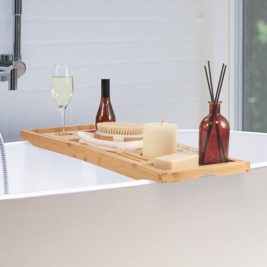 Woodluv Foldable Extendable Bamboo Bathtub Caddy, Natural