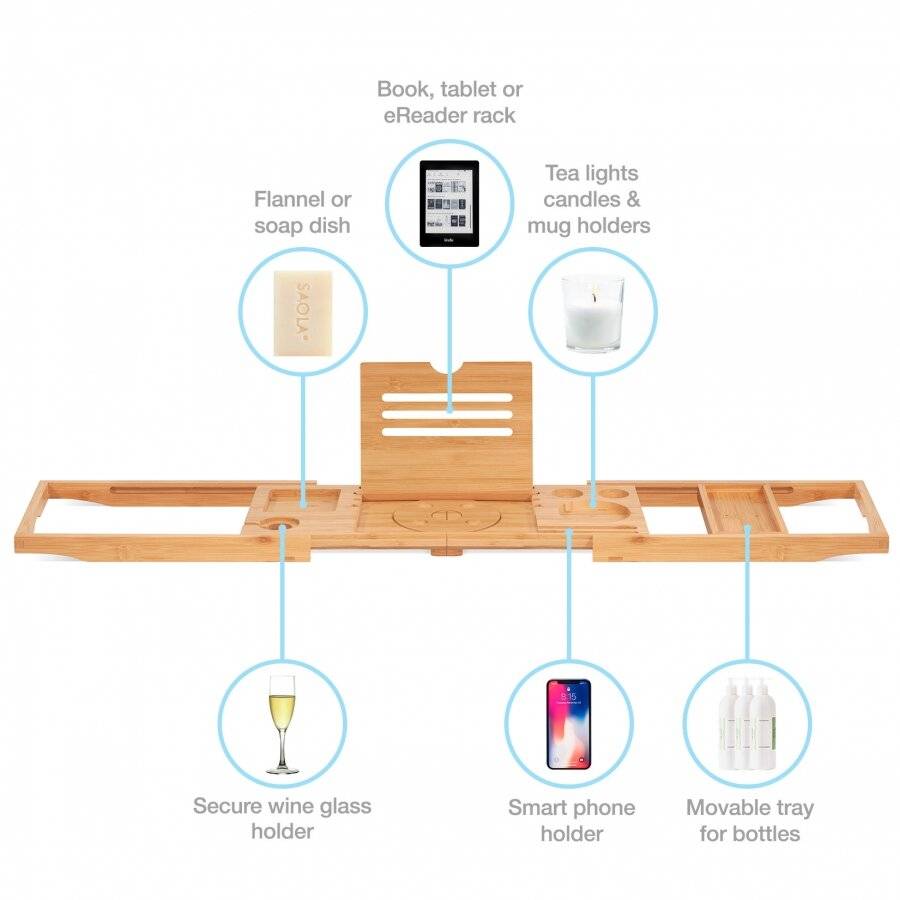 Woodluv Foldable Extendable Bamboo Bathtub Caddy, Natural