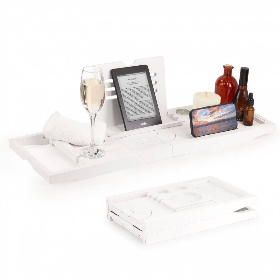 Woodluv Foldable Extendable Bamboo Bathtub Caddy, White