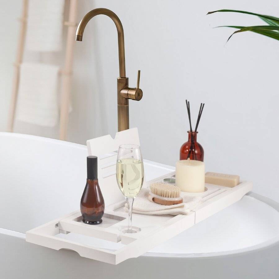 Woodluv Foldable Extendable Bamboo Bathtub Caddy, White