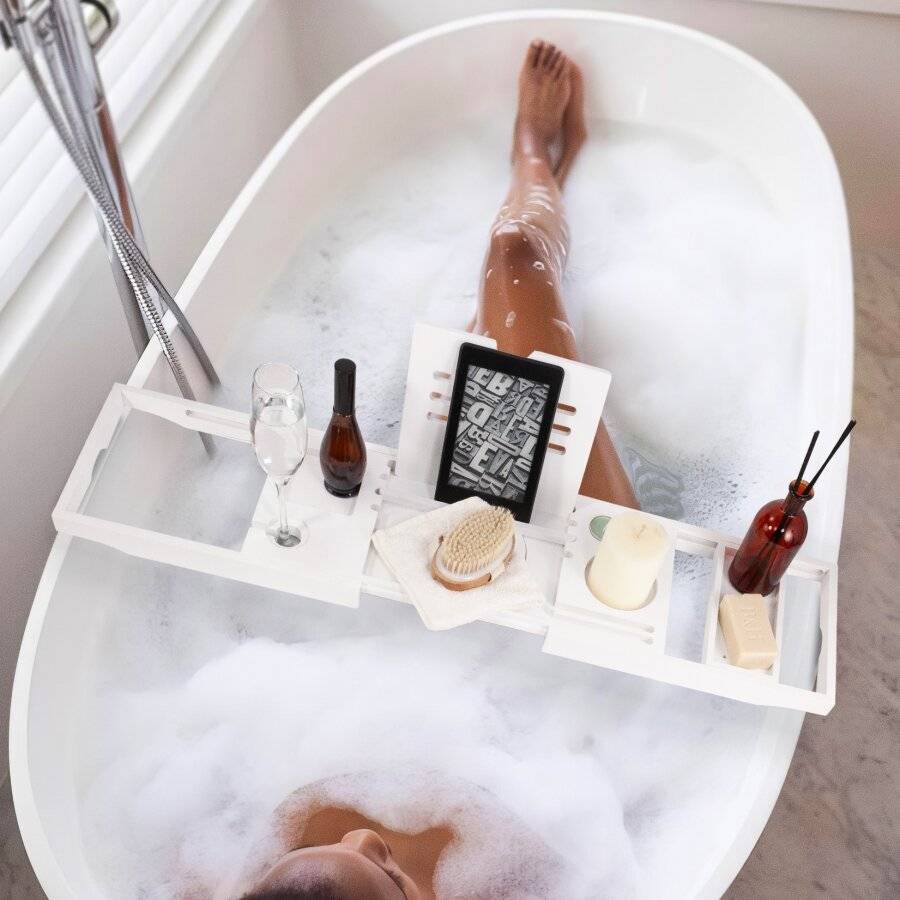 Woodluv Foldable Extendable Bamboo Bathtub Caddy, White