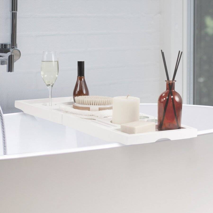 Woodluv Foldable Extendable Bamboo Bathtub Caddy, White