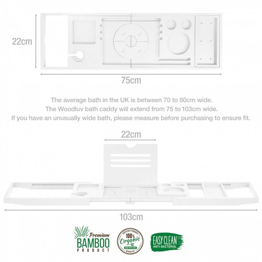 Woodluv Foldable Extendable Bamboo Bathtub Caddy, White