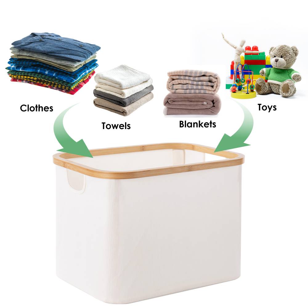 Woodluv Foldable Storage Basket with Wooden Rim & Side Handles, Beige