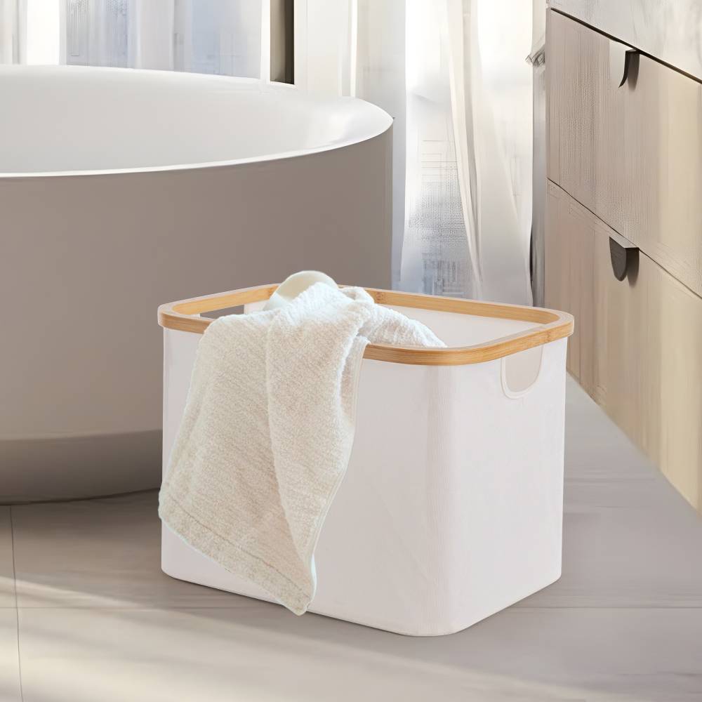 Woodluv Foldable Storage Basket with Wooden Rim & Side Handles, Beige