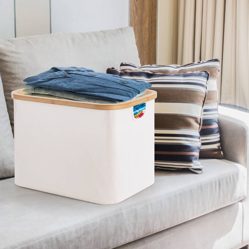 Woodluv Foldable Storage Basket with Wooden Rim & Side Handles, Beige