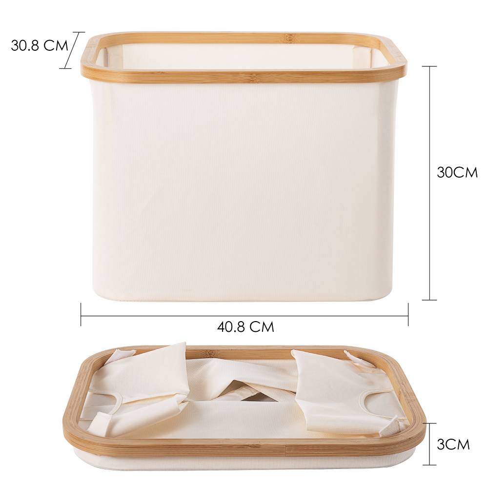 Woodluv Foldable Storage Basket with Wooden Rim & Side Handles, Beige