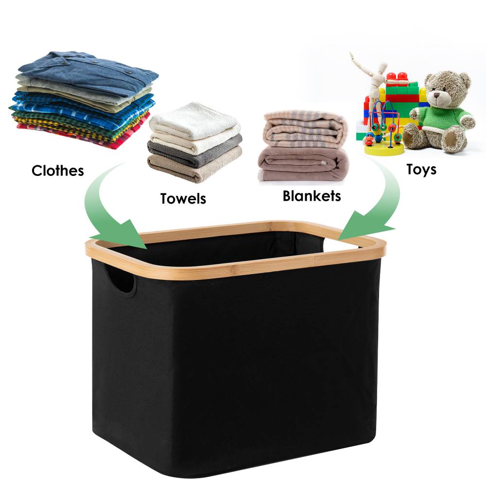 Woodluv Foldable Storage Basket with Wooden Rim & Side Handles, Black