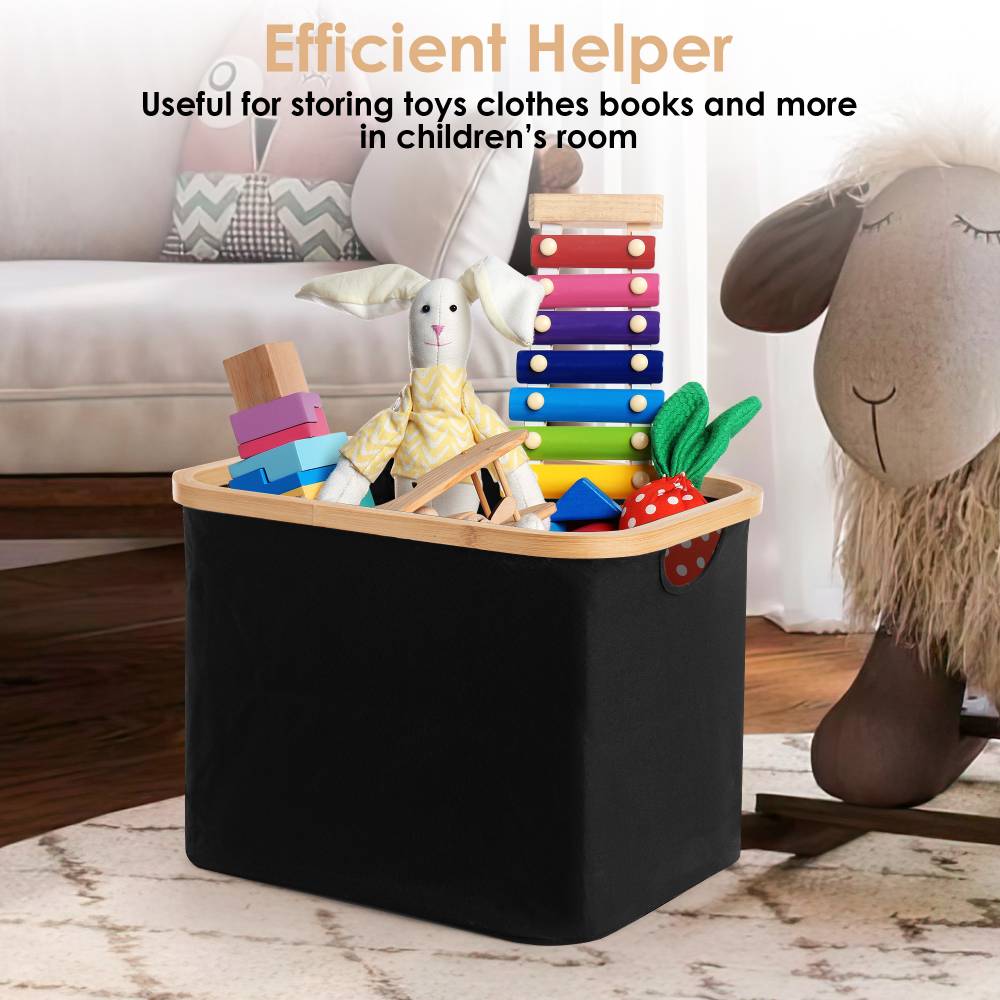 Woodluv Foldable Storage Basket with Wooden Rim & Side Handles, Black