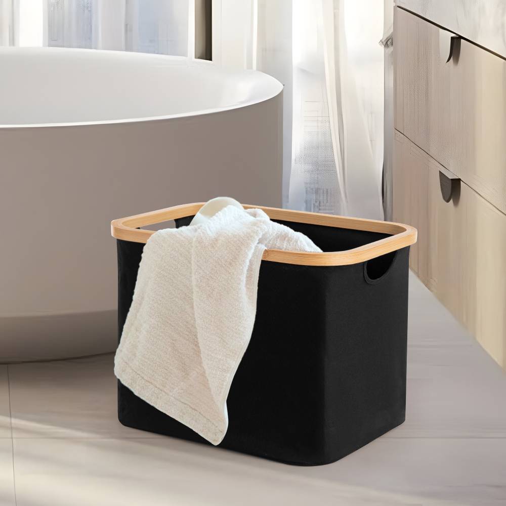 Woodluv Foldable Storage Basket with Wooden Rim & Side Handles, Black
