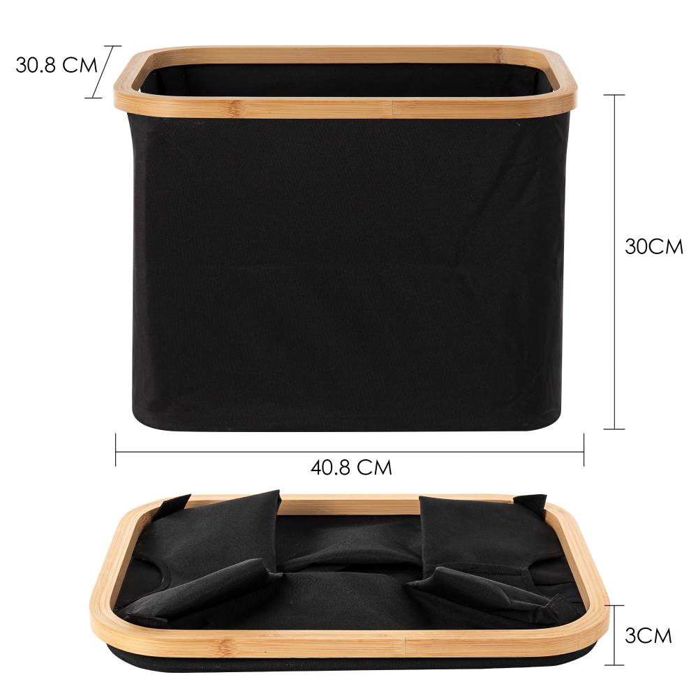 Woodluv Foldable Storage Basket with Wooden Rim & Side Handles, Black