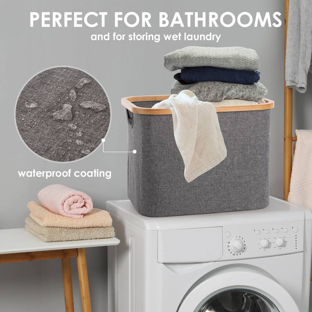 Woodluv Foldable Storage Basket with Wooden Rim & Side Handles, Grey