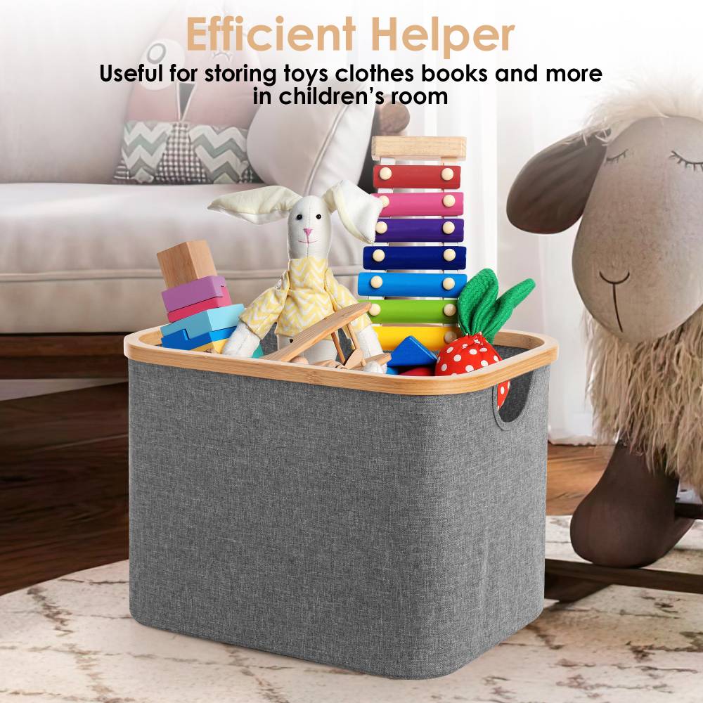 Woodluv Foldable Storage Basket with Wooden Rim & Side Handles, Grey