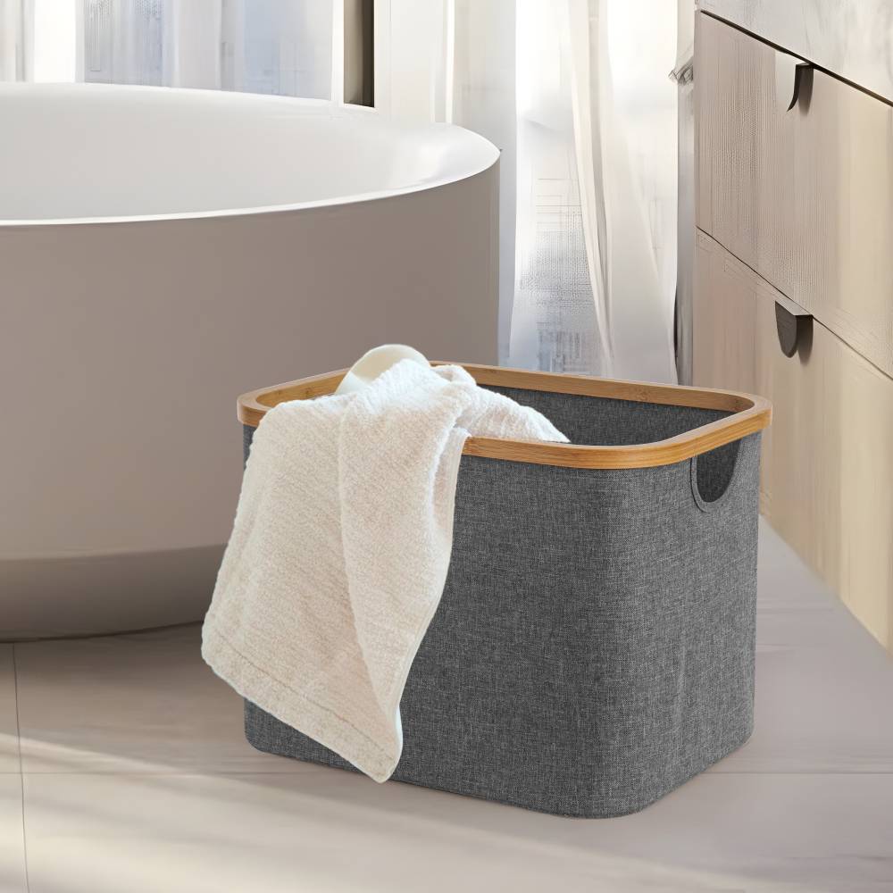 Woodluv Foldable Storage Basket with Wooden Rim & Side Handles, Grey